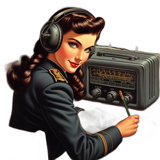 cartoon, woman, wwii-era, military, uniform, sits, desk, intently transparent PNG cut-out