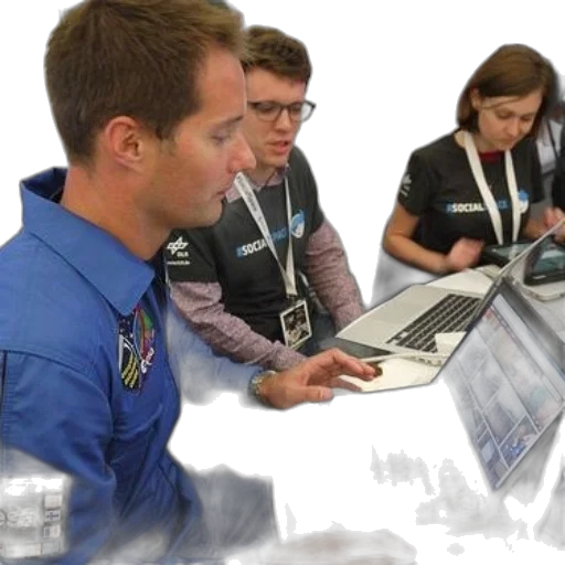 staff, three, individuals, one, blue, shirt, various, logos transparent PNG cut-out
