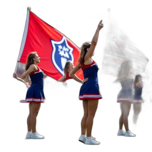 group, cheerleaders, blue, uniforms, red, accents, performing, football transparent PNG cut-out