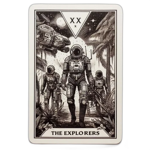 concept art, outer space, explorers, tarot, card, three, astronauts, stand transparent PNG cut-out