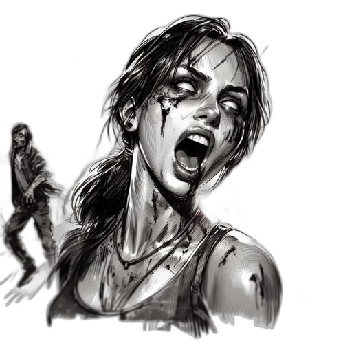 face, comic book art, concept art, photorealistic, pencil sketch, fire, injured, woman transparent PNG cut-out
