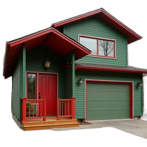 building, 3d render, modern, house, green, exterior, red, roof transparent PNG cut-out