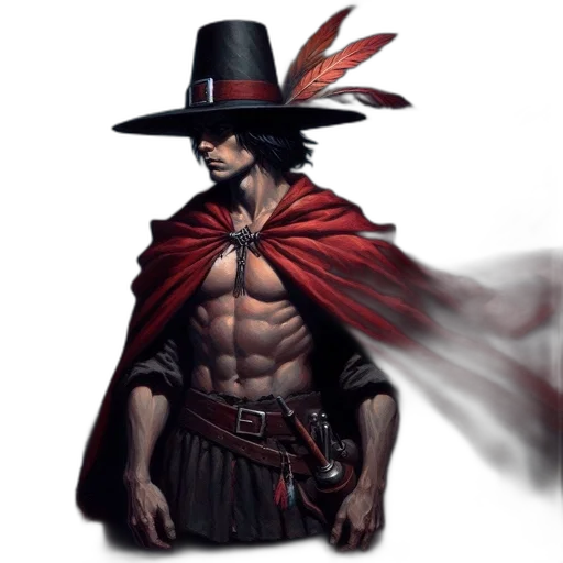 hat, sword, staff, fantasy art, concept art, comic book art, pixel art, red transparent PNG cut-out