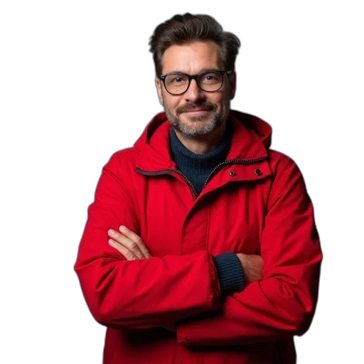 jacket, staff, face, animal, man, red, standing, his transparent PNG cut-out