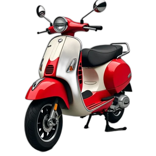 3d render, photorealistic, red, white, vespa, scooter, chrome, headlight transparent PNG cut-out