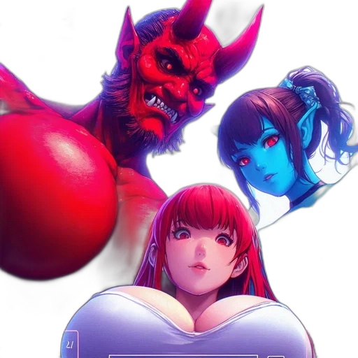 concept art, comic book art, fantasy art, anime, neon lights, fire, red, three transparent PNG cut-out