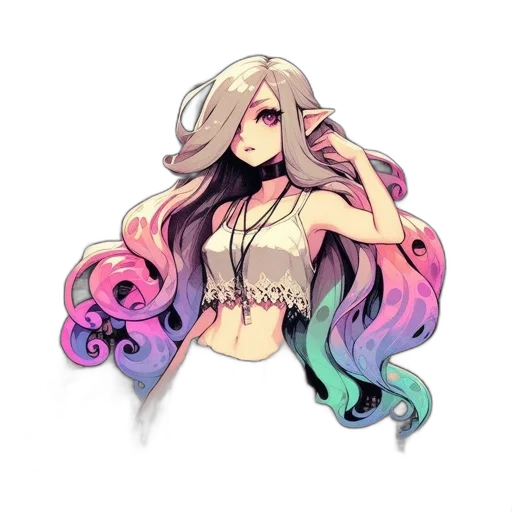 hair, staff, creature, dress, pixel art, concept art, watercolor, anime transparent PNG cut-out