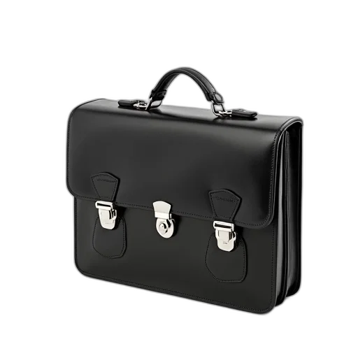 black, leather, briefcase, shiny, finish, silver, buckles, placed transparent PNG cut-out