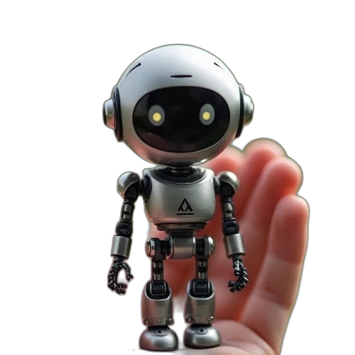 robot, 3d render, concept art, small, figurine, owner, hand transparent PNG cut-out