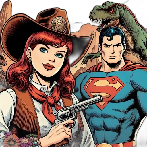 comic book art, cartoon, concept art, two, iconic, universe, characters, depicted transparent PNG cut-out