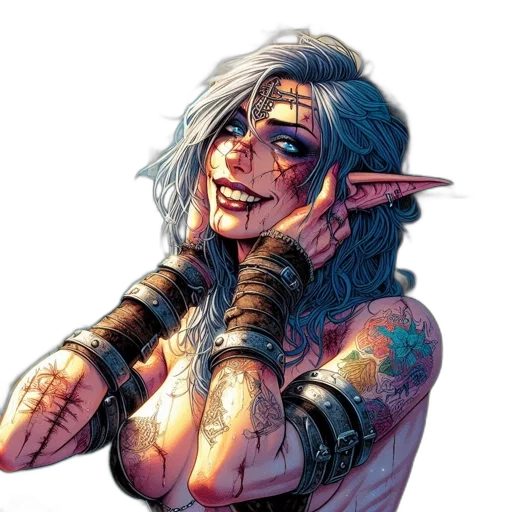 fantasy art, concept art, comic book art, pixel art, anotherworldly, tattooed, elf, figure transparent PNG cut-out