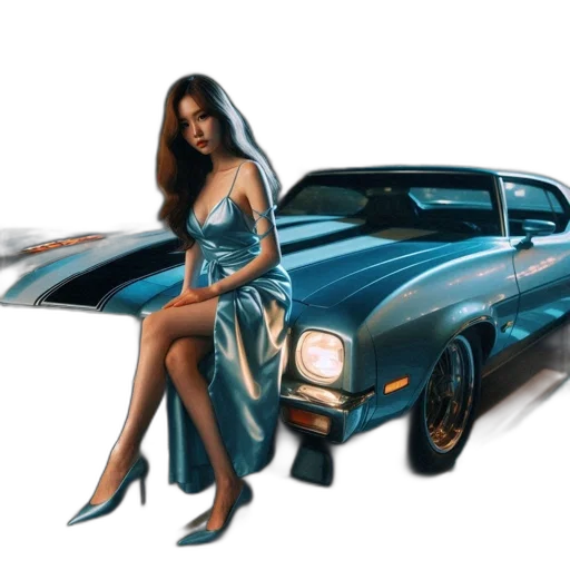 car, dress, photorealistic, oil painting, fantasy art, concept art, blue, woman transparent PNG cut-out