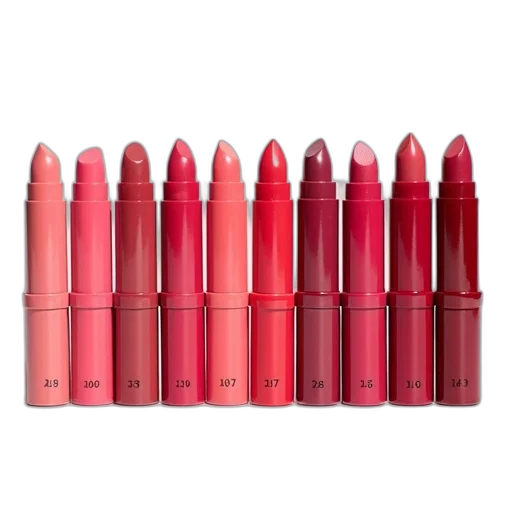 red, collection, lipsticks, different, shades, finishes, displayed, row transparent PNG cut-out