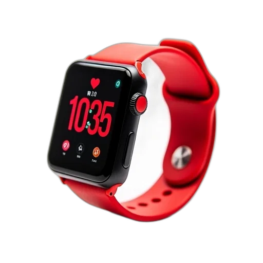 jewelry, red, smartwatch, strap, black, case, displayed, against transparent PNG cut-out