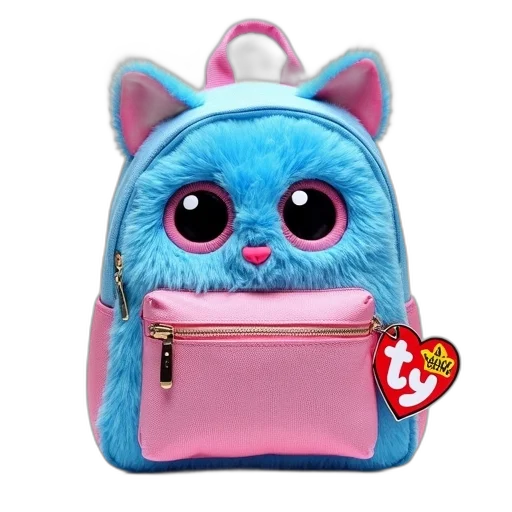 sparkly, blue, pink, backpack, fluffy, cat, face, design transparent PNG cut-out
