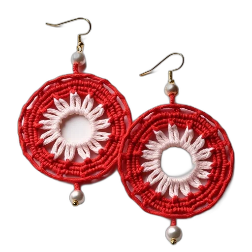 jewelry, red, three, round, white, thread, earrings transparent PNG cut-out