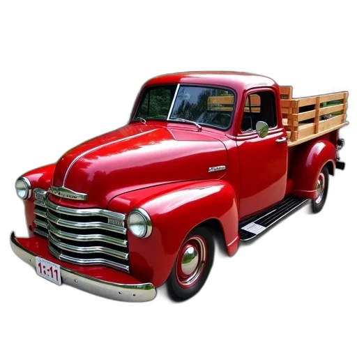 car, photorealistic, 3d render, red, vintage, pickup, truck, wooden transparent PNG cut-out