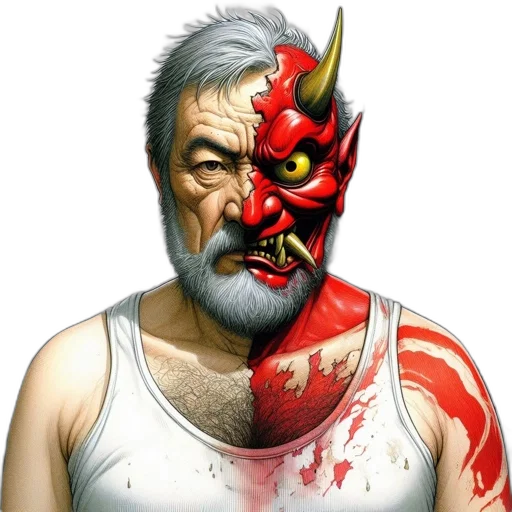 mask, face, comic book art, concept art, fantasy art, photorealistic, red, elderly transparent PNG cut-out