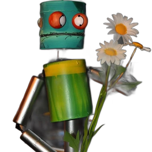 robot, bottle, flower, mask, 3d render, concept art, photorealistic, pixel art transparent PNG cut-out