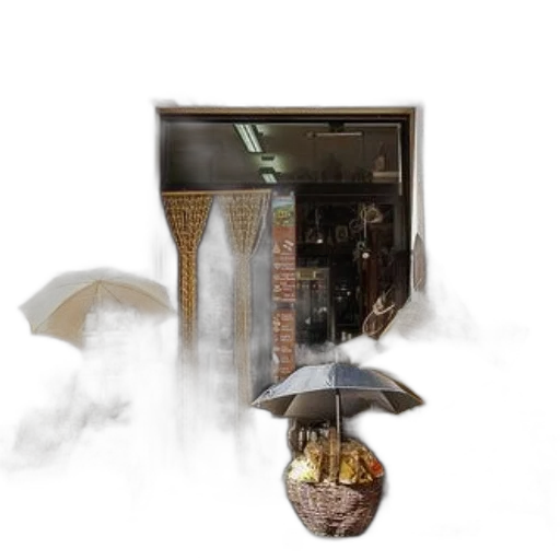 umbrella, mask, furniture, concept art, photorealistic, 3d render, fantasy art, fog transparent PNG cut-out