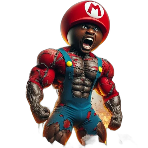 3d render, concept art, exaggerated, muscular, mario, stands, amidst, ruined transparent PNG cut-out