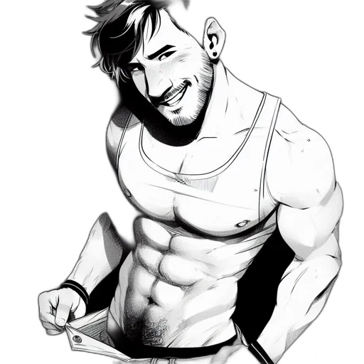 staff, cartoon, comic book art, concept art, pencil sketch, monochrome, athletic, shirtless transparent PNG cut-out