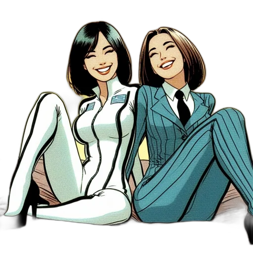 comic book art, cartoon, concept art, photorealistic, two, animated, females, casual transparent PNG cut-out