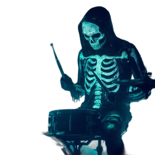 jacket, concept art, vaporwave, blue, skeleton-costumed, musician, plays, drums transparent PNG cut-out