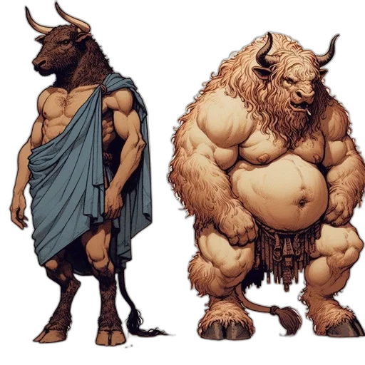 concept art, fantasy art, comic book art, two, anthropomorphic, figures, resembling, bull-human transparent PNG cut-out