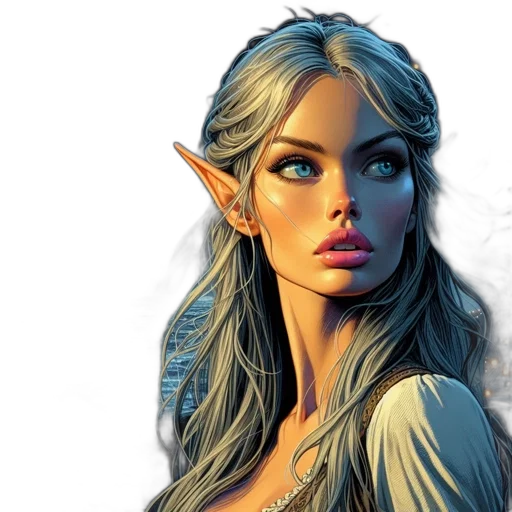 face, fantasy art, concept art, comic book art, photorealistic, female, elf, adorned transparent PNG cut-out