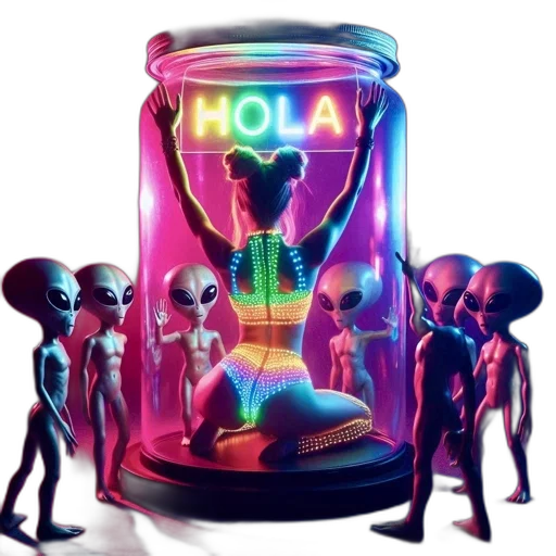 concept art, 3d render, pixel art, vaporwave, outer space, neon lights, woman, encased transparent PNG cut-out