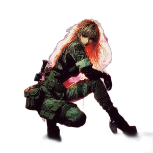weapon, jacket, hair, concept art, cyberpunk, pixel art, comic book art, green transparent PNG cut-out