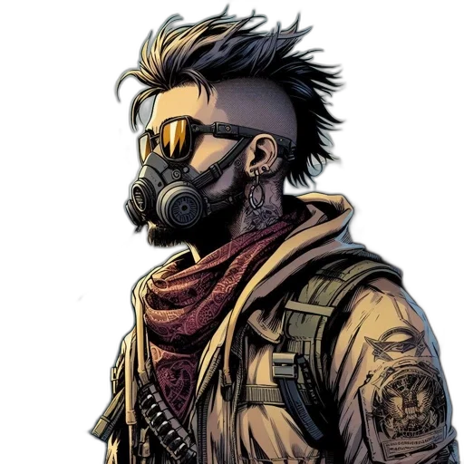 jacket, mask, comic book art, cyberpunk, concept art, cartoon, golden, earth tones transparent PNG cut-out