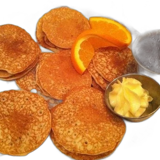 food, photorealistic, plate, pancakes, orange, slices, butter, jam transparent PNG cut-out