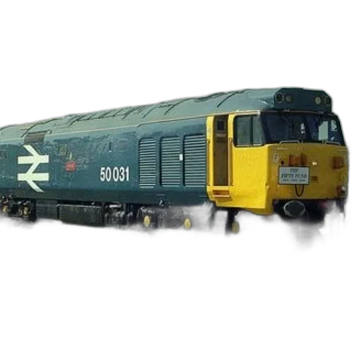 photorealistic, blue, yellow, train, number, 50031, side, sits transparent PNG cut-out