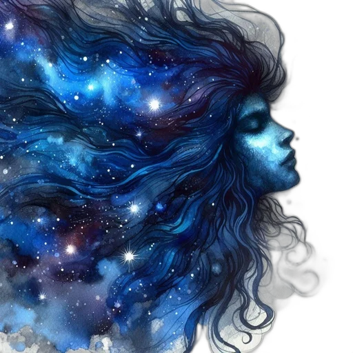 hair, fantasy art, photorealistic, concept art, watercolor, outer space, blue, image transparent PNG cut-out
