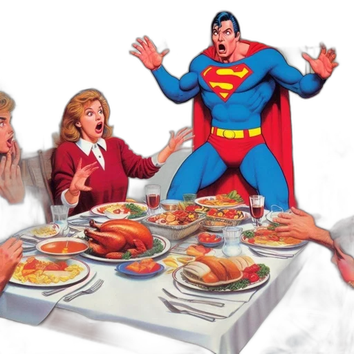 food, comic book art, concept art, superman, unexpectedly, enters, family, dinner transparent PNG cut-out