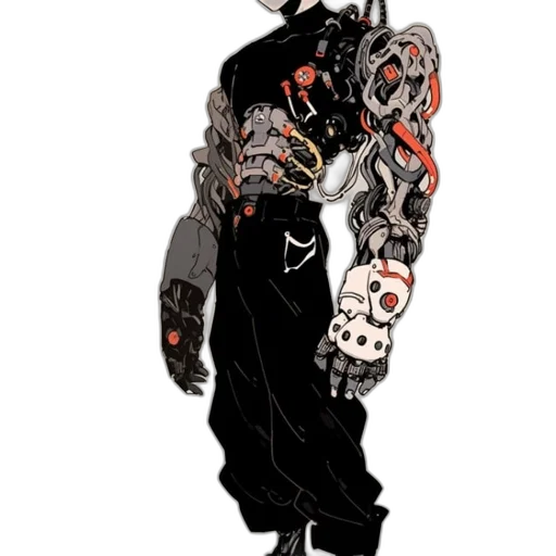 robot, mask, staff, jacket, cyberpunk, concept art, comic book art, cartoon transparent PNG cut-out