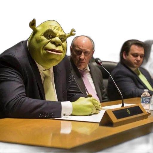 mask, concept art, 3d render, shrek-themed, character, attends, formal, meeting transparent PNG cut-out