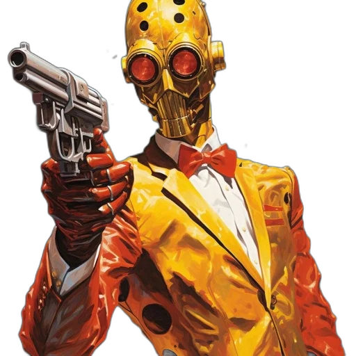 robot, mask, weapon, jacket, concept art, comic book art, pixel art, cyberpunk transparent PNG cut-out