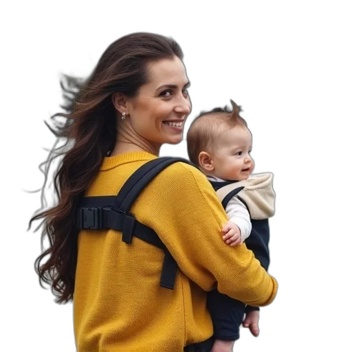 jacket, woman, yellow, sweater, holding, baby, black, beige transparent PNG cut-out