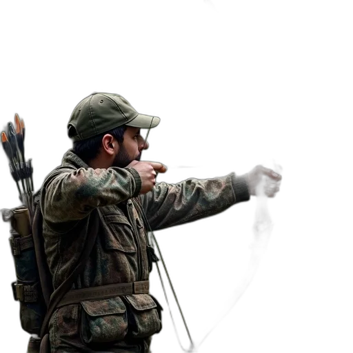 weapon, staff, jacket, man, camouflage, outfit, holding, bow transparent PNG cut-out