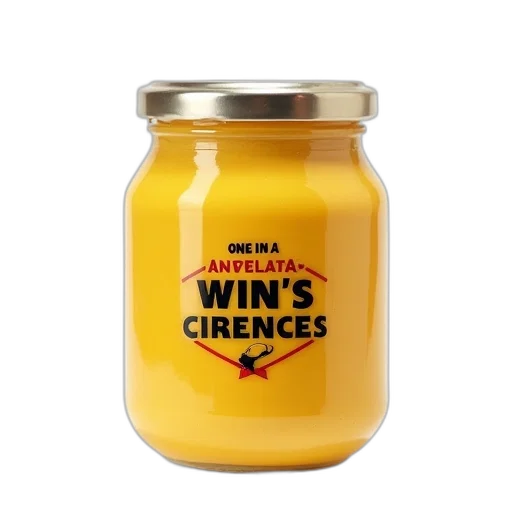food, yellow, ceramic, jar, black, red, label, reads transparent PNG cut-out