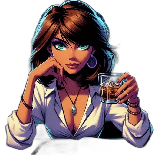 comic book art, cartoon, pixel art, anime, neon lights, blue, woman, sits transparent PNG cut-out