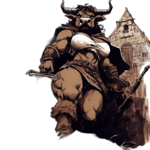concept art, fantasy art, comic book art, watercolor, earth tones, muscular, bull-headed, figure transparent PNG cut-out
