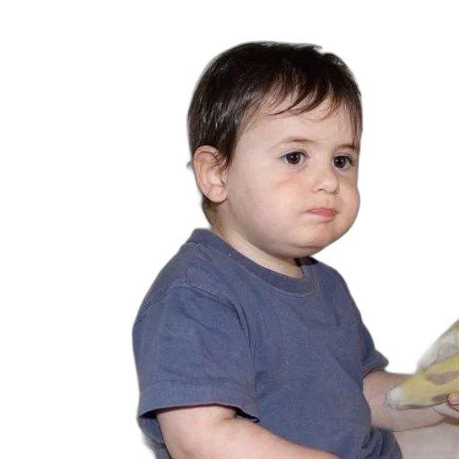 face, photorealistic, young, child, blue, shirt, holds, banana transparent PNG cut-out