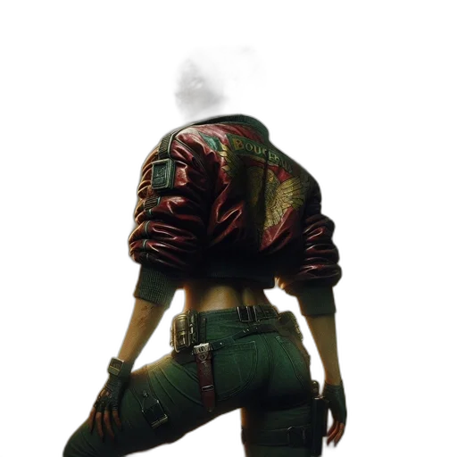 jacket, weapon, cyberpunk, concept art, photorealistic, pixel art, green, red transparent PNG cut-out
