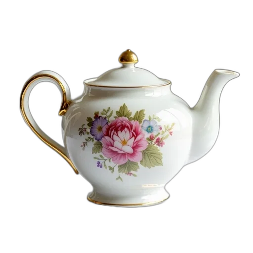 photorealistic, 3d render, white, porcelain, teapot, floral, design, golden transparent PNG cut-out