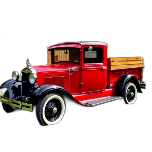 car, 3d render, photorealistic, red, antique, pickup, truck, wooden transparent PNG cut-out