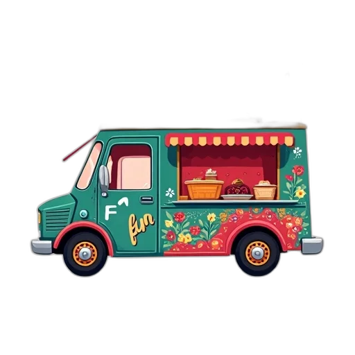 food, car, concept art, cartoon, vibrant, illustration, truck, words transparent PNG cut-out